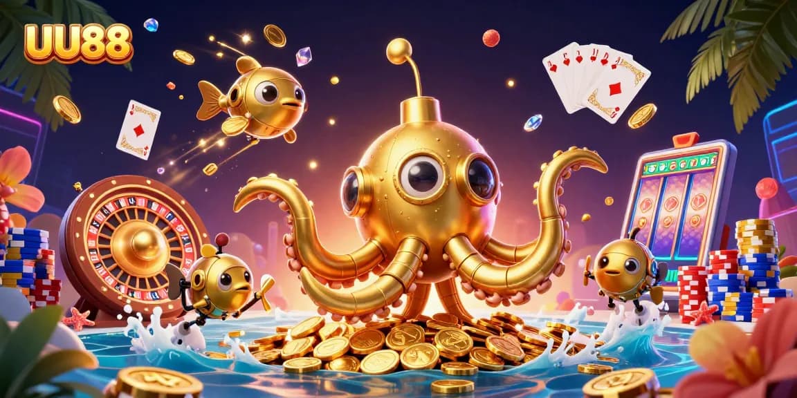 Experience thrilling gameplay with UU88’s vibrant casino scene featuring a golden kraken submarine.