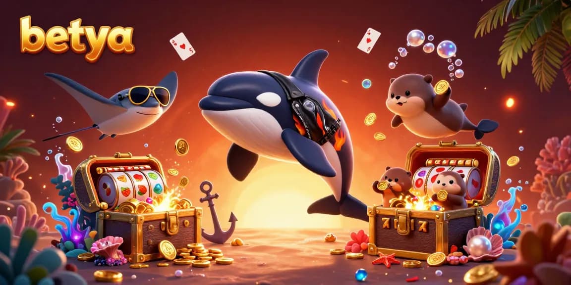 Betya's thrilling new slot games featuring an orca whale, stingray, and sea otters amidst a treasure-filled underwater scene.