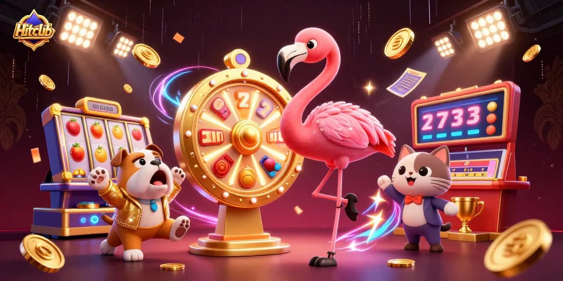 Hitclub engages players in a thrilling atmosphere with colorful slot machine elements and action-filled 3D characters.