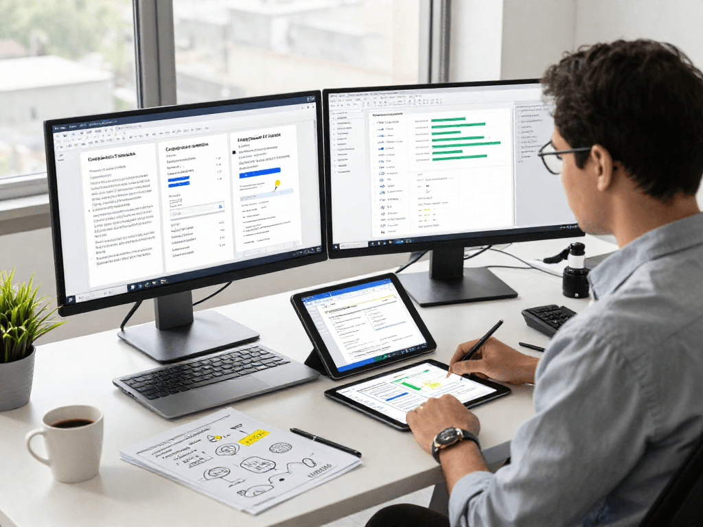 Workspace of an analyst utilizing advanced document fraud detection tools, featuring dual monitors with analytical dashboards and metadata analyses.