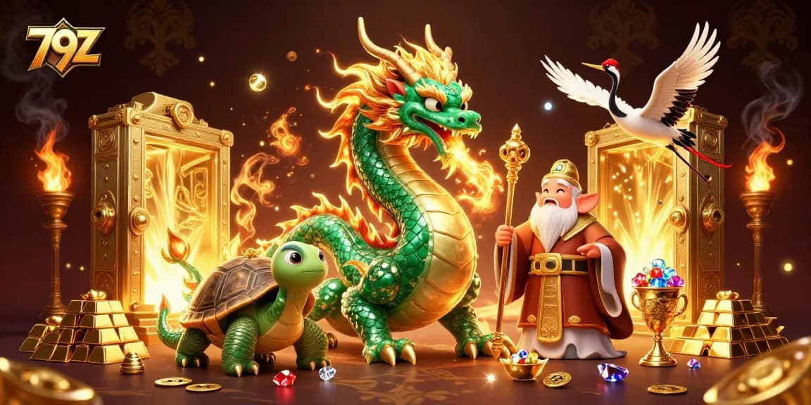 Engage in thrilling gameplay on 79Z with a captivating treasure-filled scene featuring a dragon and lucky crane.