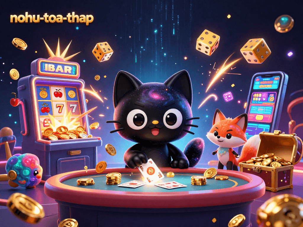Engage in nohu-toa-thap's thrilling cosmic casino adventure with animated characters and jackpot explosions.