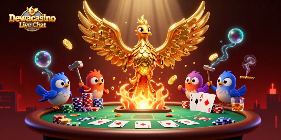Dewacasino Live Chat offers vibrant casino action featuring a golden phoenix and poker elements.