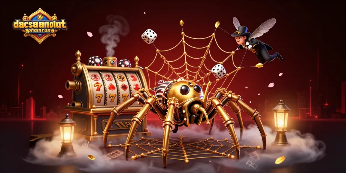 Experience dacsandatphanrang's thrilling gambling atmosphere with a steampunk spider, luck symbols, and vibrant decorations.