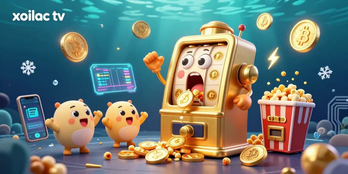 Xoilac TV showcases a vibrant scene of a golden slot machine hitting a jackpot while coins flow, full of excitement.