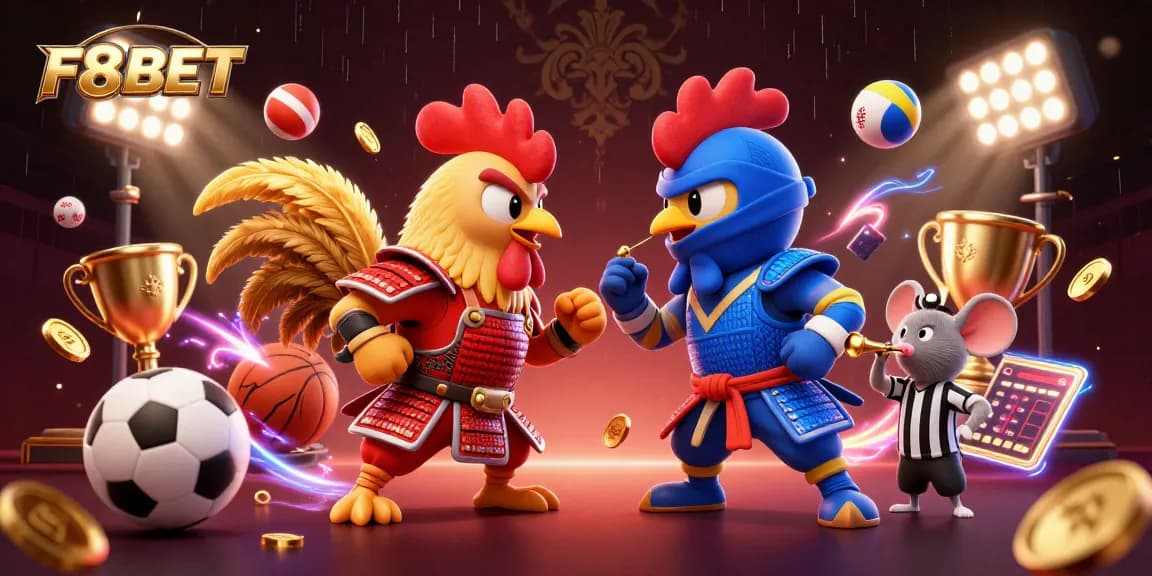 Engage with F8BET through a dynamic standoff of fighting roosters in a colorful casino atmosphere.