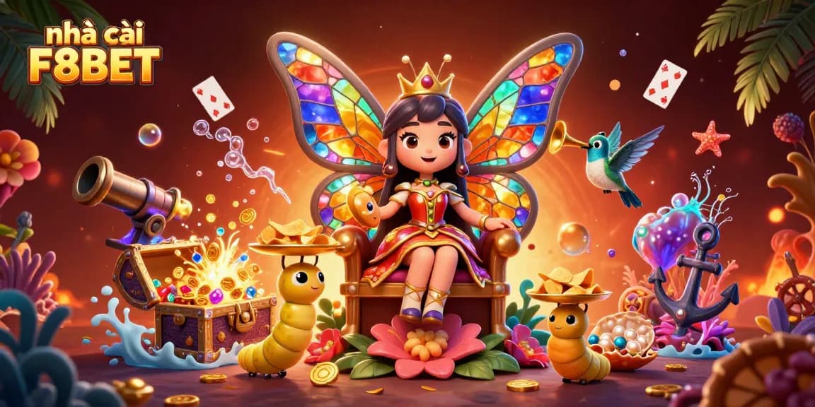 Experience the vibrant world of nhà cái F8BET with a dazzling casino-themed illustration full of treasures and games.