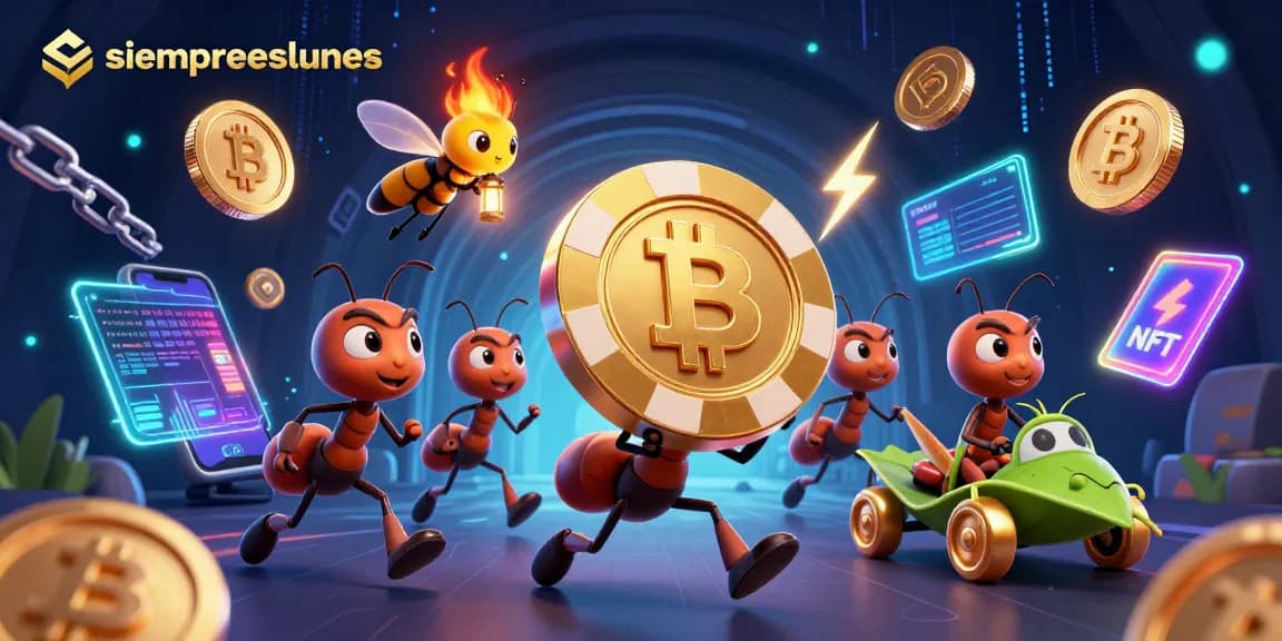 Engage with siempreeslunes as cartoon ants heist golden poker chip amid neon crypto chaos.