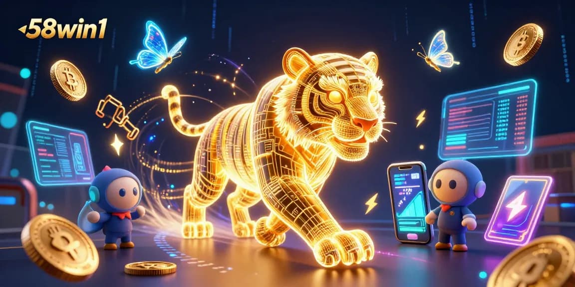 Engage in thrilling gameplay at 58win1 with a neon tiger and holographic elements in a digital casino.