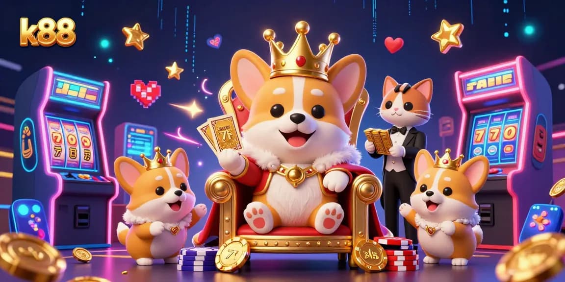 Engage in gaming at k88 with a royal corgi on a throne stacked with poker chips