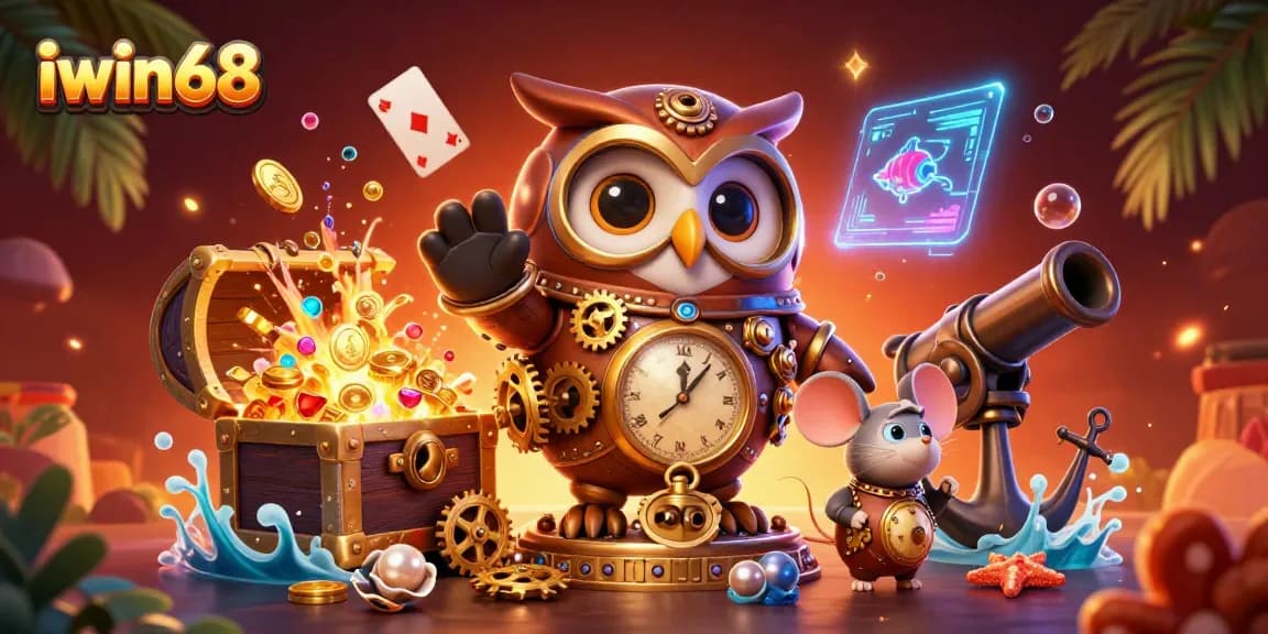 Experience the excitement of iwin68 with a vibrant 3D casino scene featuring playful characters and game elements.