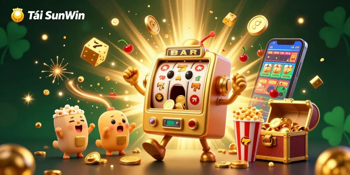 Tải SunWin showcases a jubilant golden slot machine hitting a jackpot amidst flying coins and exciting casino elements.