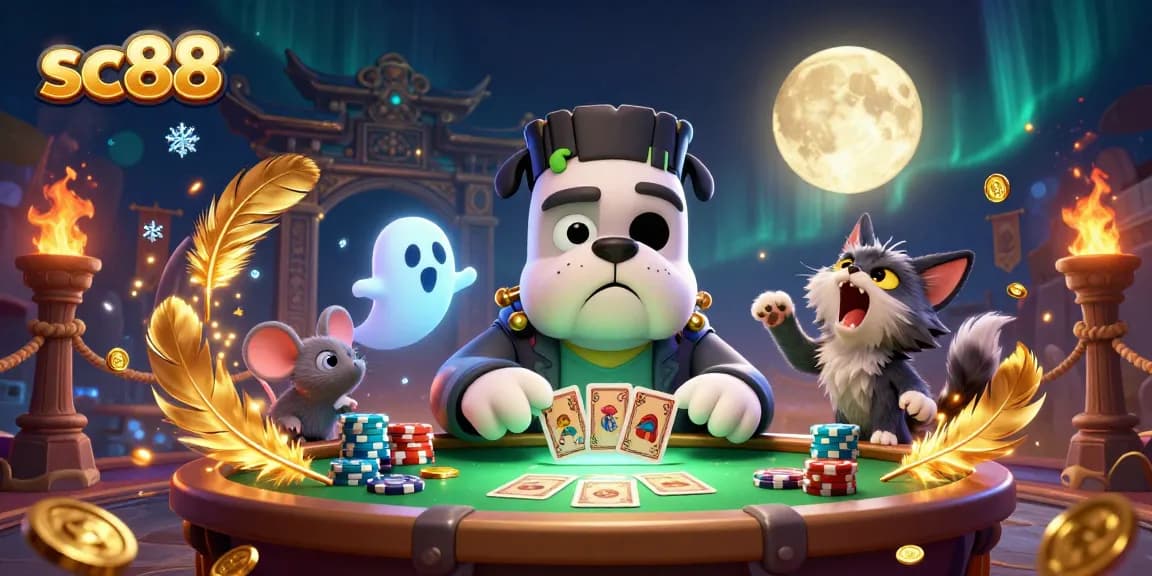 Play cards at sc88 with a cartoon bulldog and werewolf kitten amidst a thrilling casino scene.