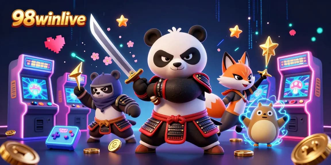 Experience exciting gaming at 98winlive with vibrant 3D characters and casino elements.