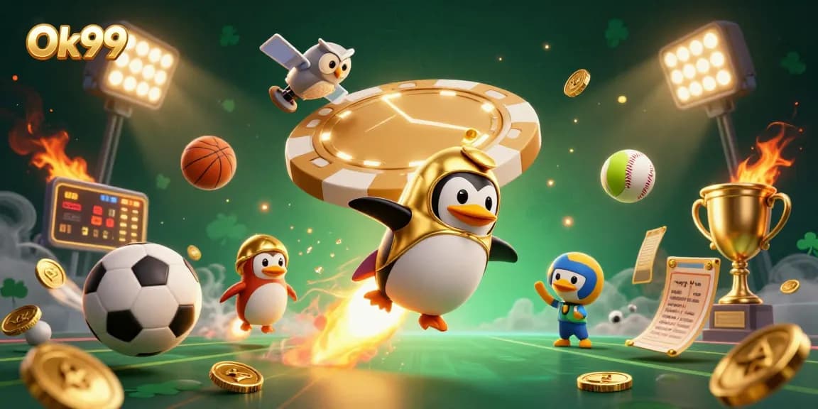 Engage in thrilling gameplay at Ok99 with a vibrant casino scene featuring dynamic sports and gold coins.