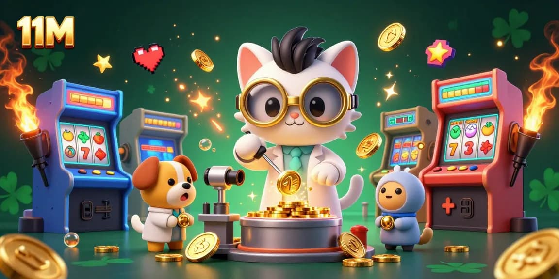 Experience thrilling gameplay with 11M as a cartoon mad scientist cat creates slot machine magic!