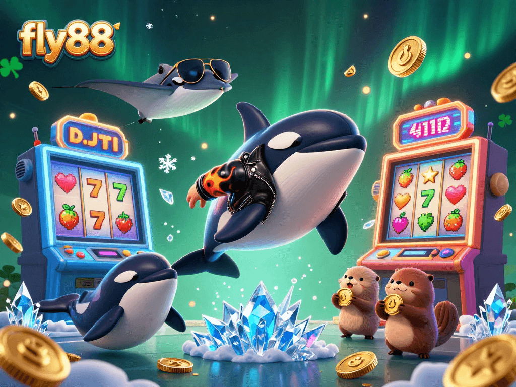 Engage in exciting gaming with fly88 as sea creatures celebrate with golden coins in a vibrant casino.