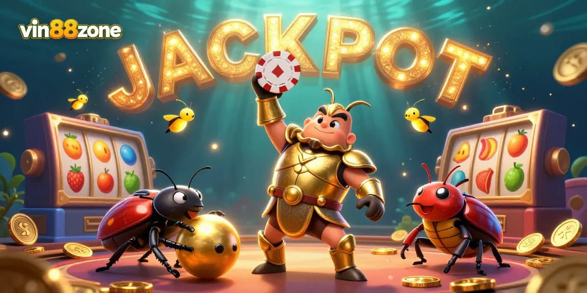 Spin to win at vin88zone with a heroic beetle lifting a poker chip surrounded by slot reels and coins.