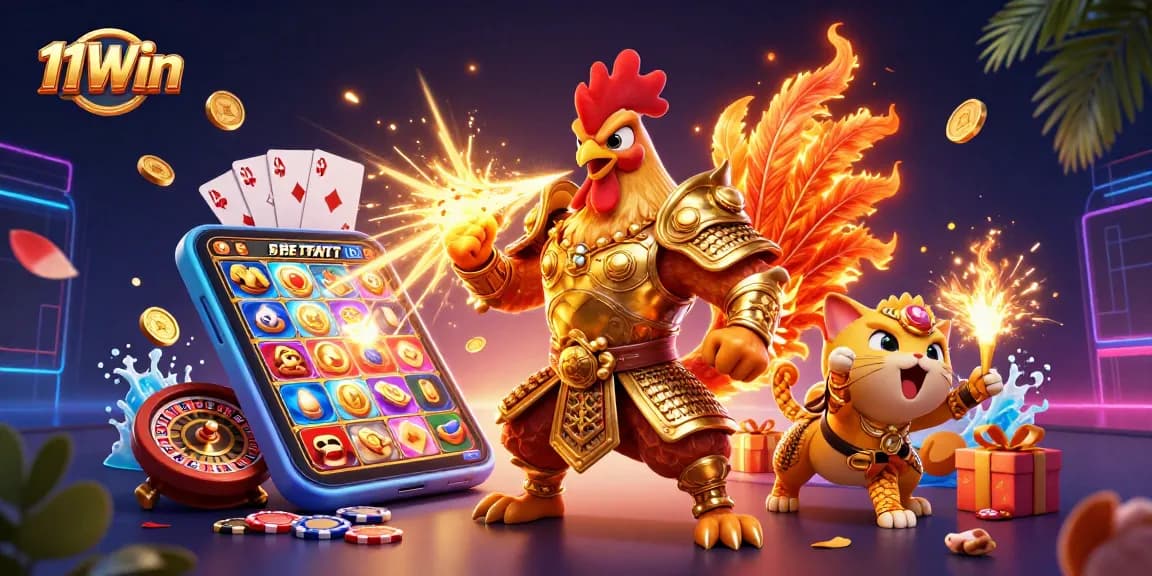 Engage with 11Win's dynamic gaming scene featuring vibrant characters and thrilling casino elements.