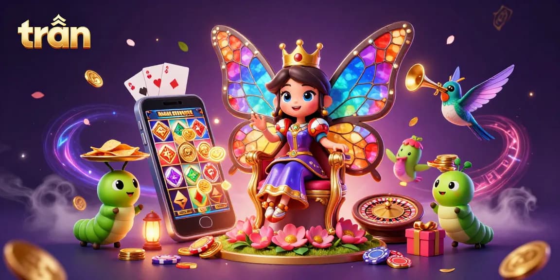 Spin to win with trần as the butterfly queen and caterpillar servants shower golden poker chips across the casino.