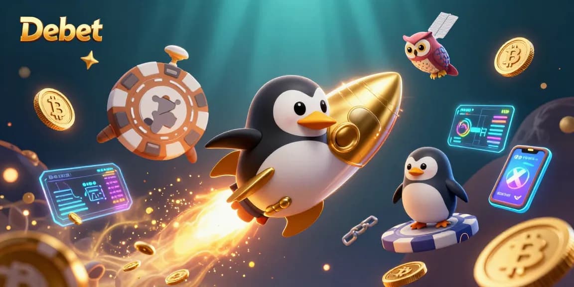 Experience fun betting with Debet, featuring a golden penguin and vibrant casino elements.
