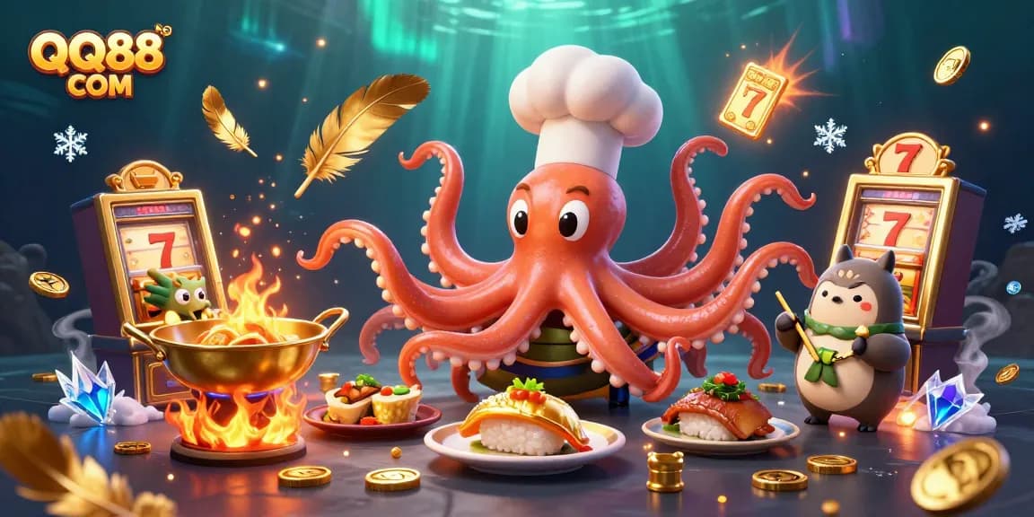 Experience exciting gameplay at QQ88 COM with vibrant characters in a lively casino setting showcasing golden dishes and dynamic gaming elements.