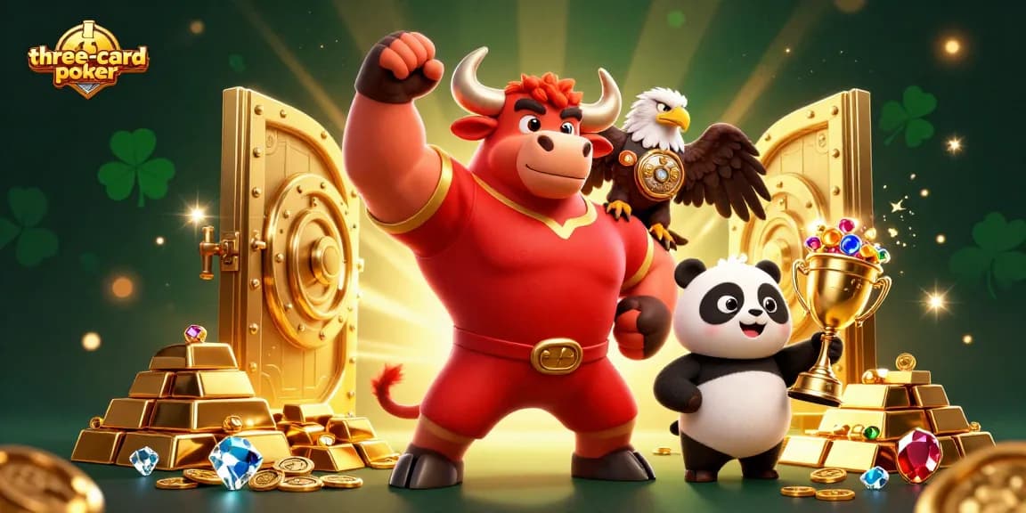 Engage in three-card-poker with excitement as the bull mascot celebrates victory among treasures.