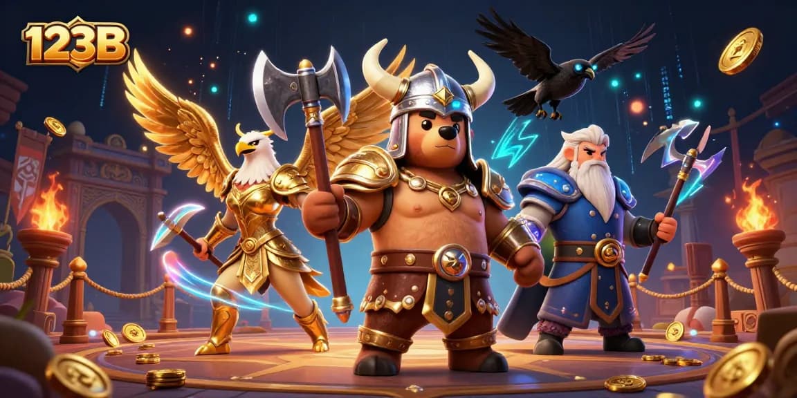 Play engaging casino games at 123B with a Viking bear and Valkyrie eagle in an immersive arena.