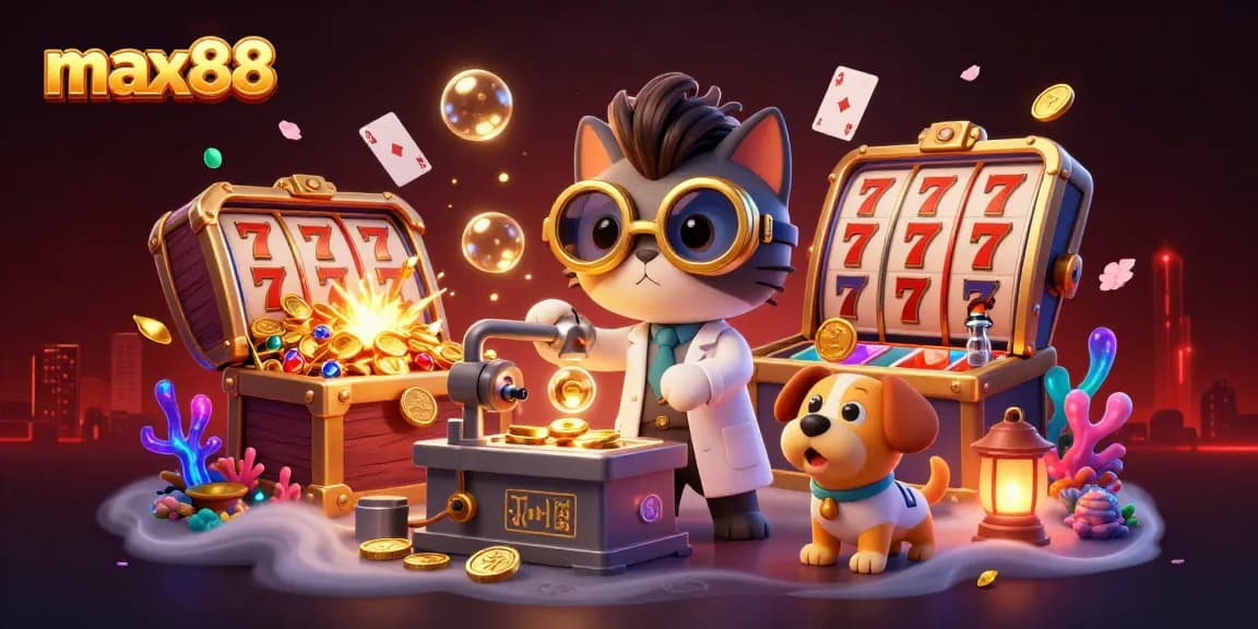 Experience max88's thrilling casino adventure with our vibrant cat scientist and dog assistant in a dynamic 3D scene.
