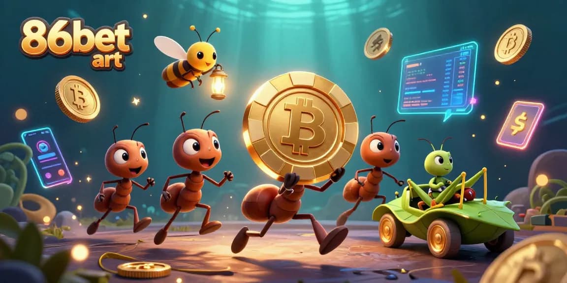 Engage with thrilling action at 86bet art as ants execute a heist with golden poker chips.