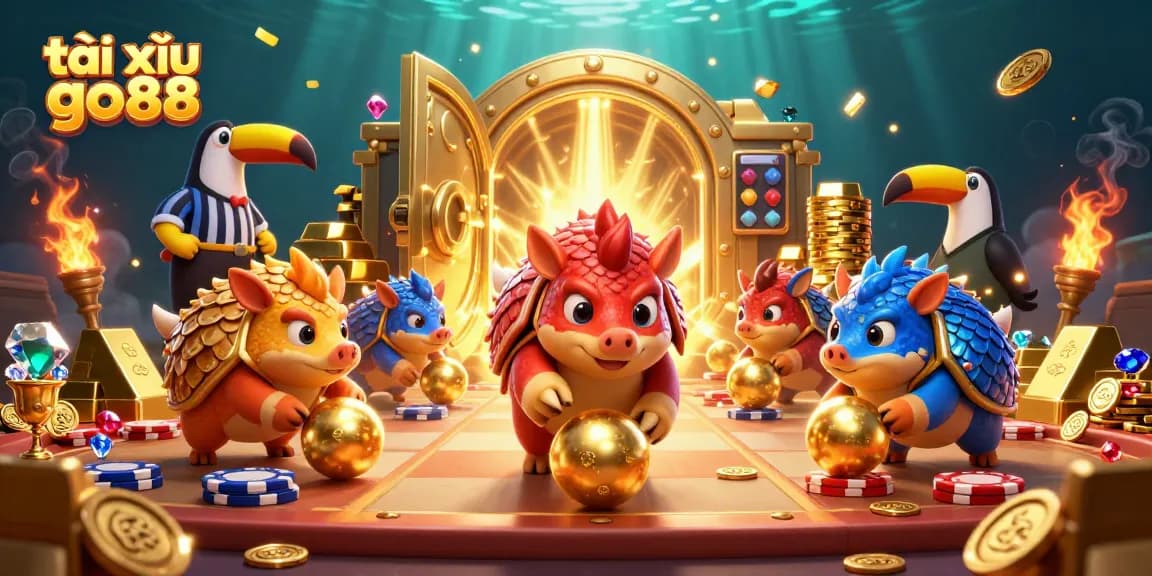 Experience thrilling gameplay with tài xỉu go88 as rival pangolins compete amidst sparkling gold and poker chips.
