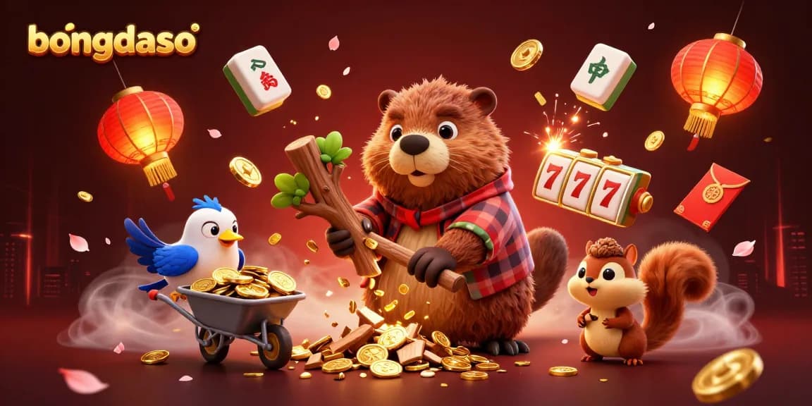 Bongdaso showcases a colorful gambling scene with a lumberjack beaver collecting coins among casino symbols and festive elements.