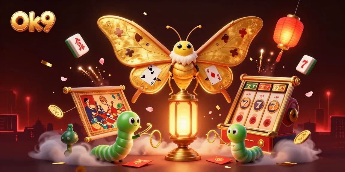 Engage with Ok9's vibrant gaming scene featuring a majestic atlas moth and dynamic slot reels.