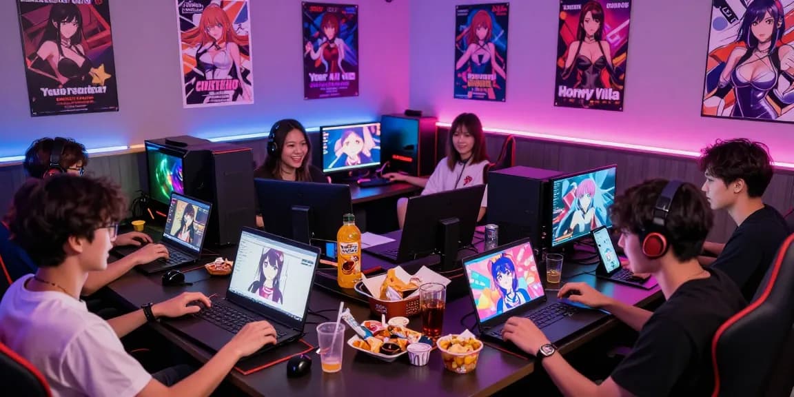 Group of friends enjoying ecchi games online in a vibrant gaming lounge with colorful lights and snacks.