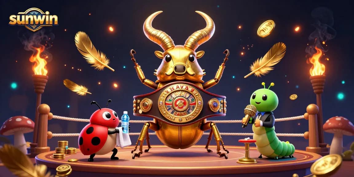 Experience sunwin's thrilling casino atmosphere with a giant beetle champion and energetic elements.