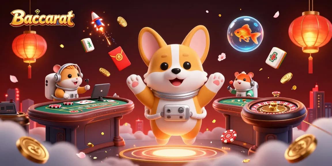 Baccarat game illustration with a floating astronaut corgi and casino elements in a vibrant 3D scene.