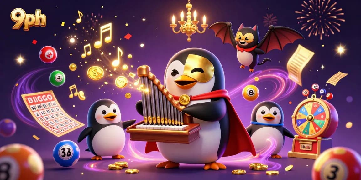 9ph engages players with lively illustrations of cartoon characters in a vibrant casino, promising exciting gameplay.