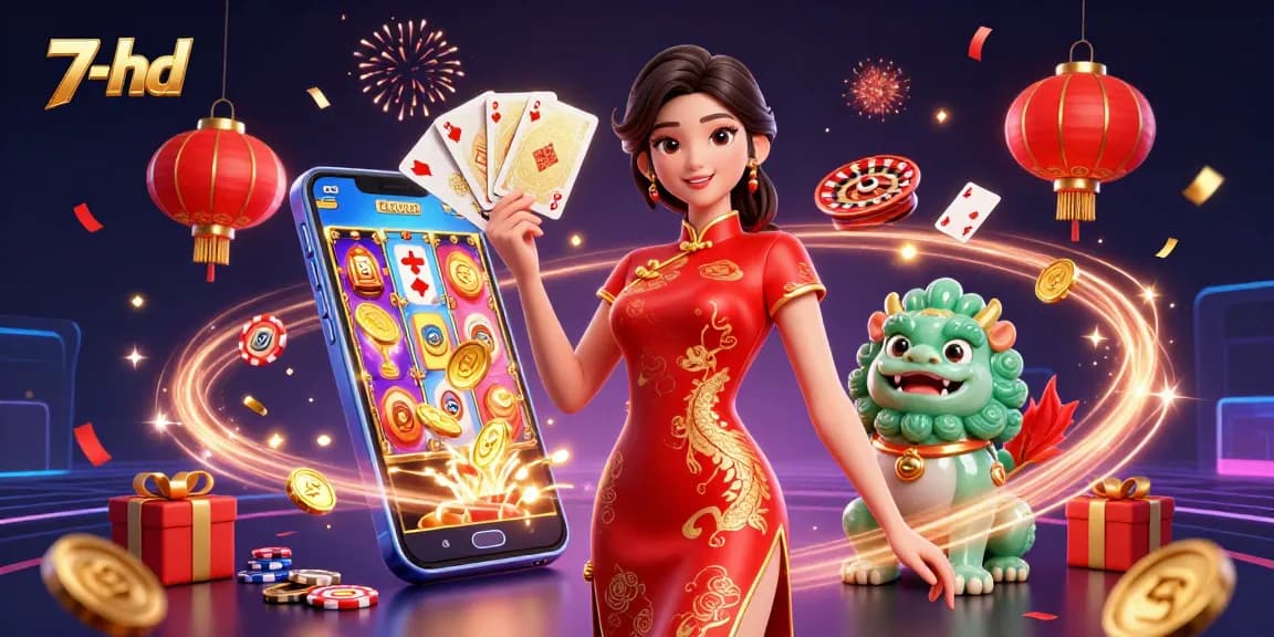 Experience thrilling casino gaming with 7-hd's vibrant 3D illustration showcasing slot games and rich visual elements.