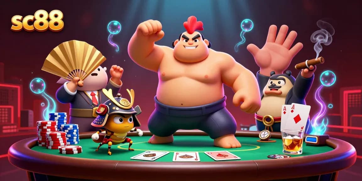 Engage in thrilling gameplay with sc88 as a powerful sumo rooster confronts a fierce samurai cricket at a vibrant poker table.