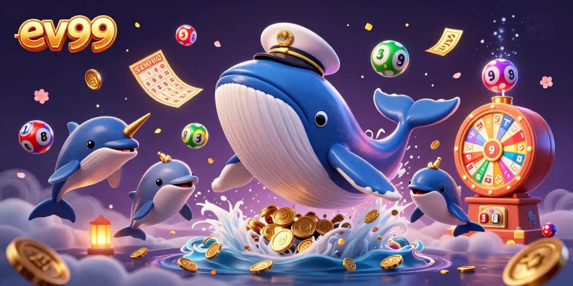 Experience the excitement of ev99 with vibrant casino elements, including whale and dolphins in action.