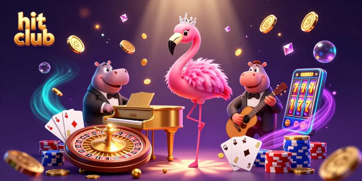 Engage with hit club's thrilling games while winning big amidst colorful casino elements and vivid characters.
