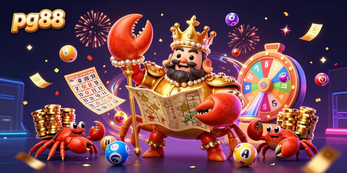 Engage with pg88's thrilling jackpot scenario featuring a golden crab emperor and vibrant lottery elements.