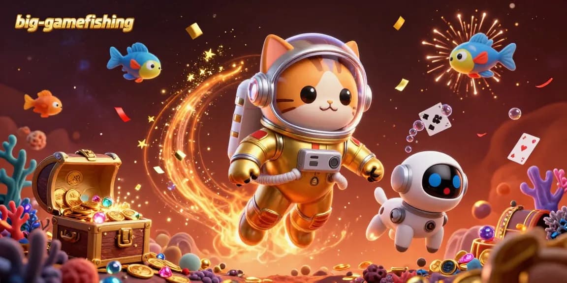 Experience big-gamefishing adventures with a golden astronaut cat and treasures in this thrilling 3D scene.
