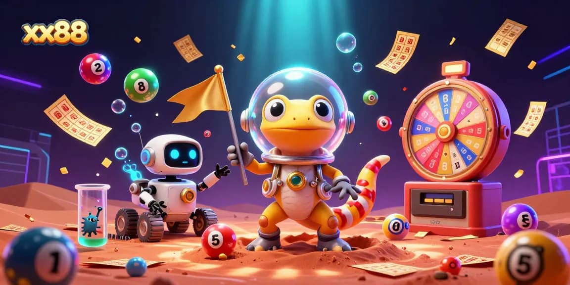 Experience thrilling action at xx88, with a Martian gecko discovering a golden casino in a vibrant, animated scene.