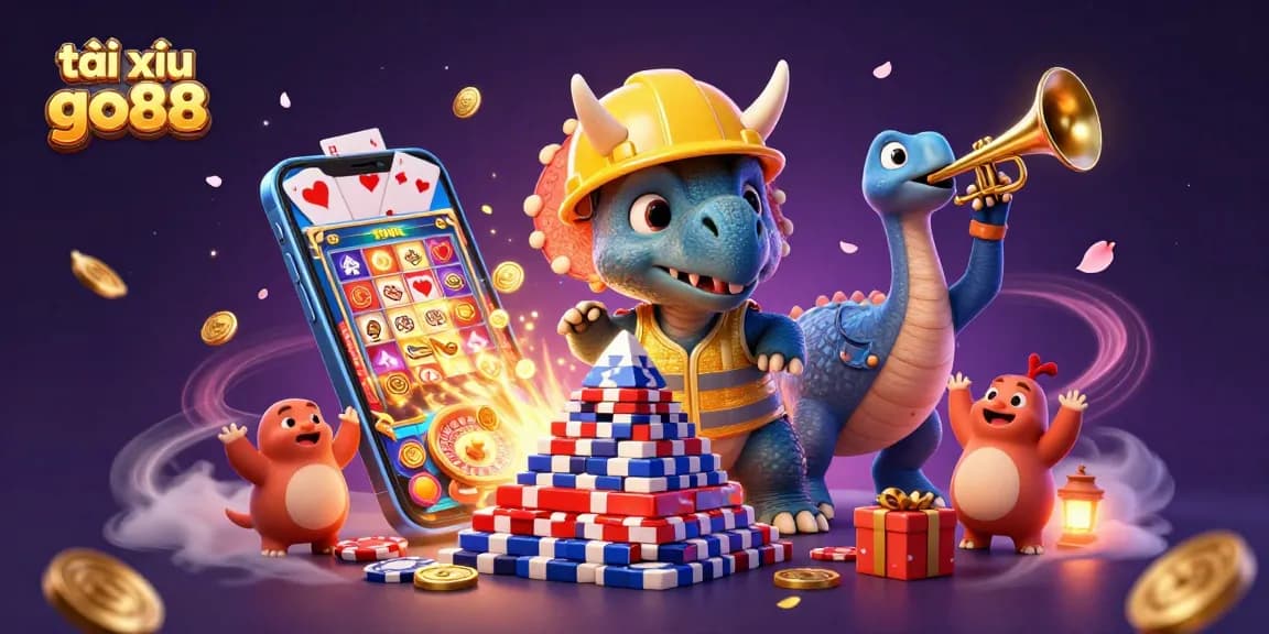 Engage with the excitement of tài xỉu go88, depicted through a dynamic 3D scene of playful characters and vibrant casino elements.