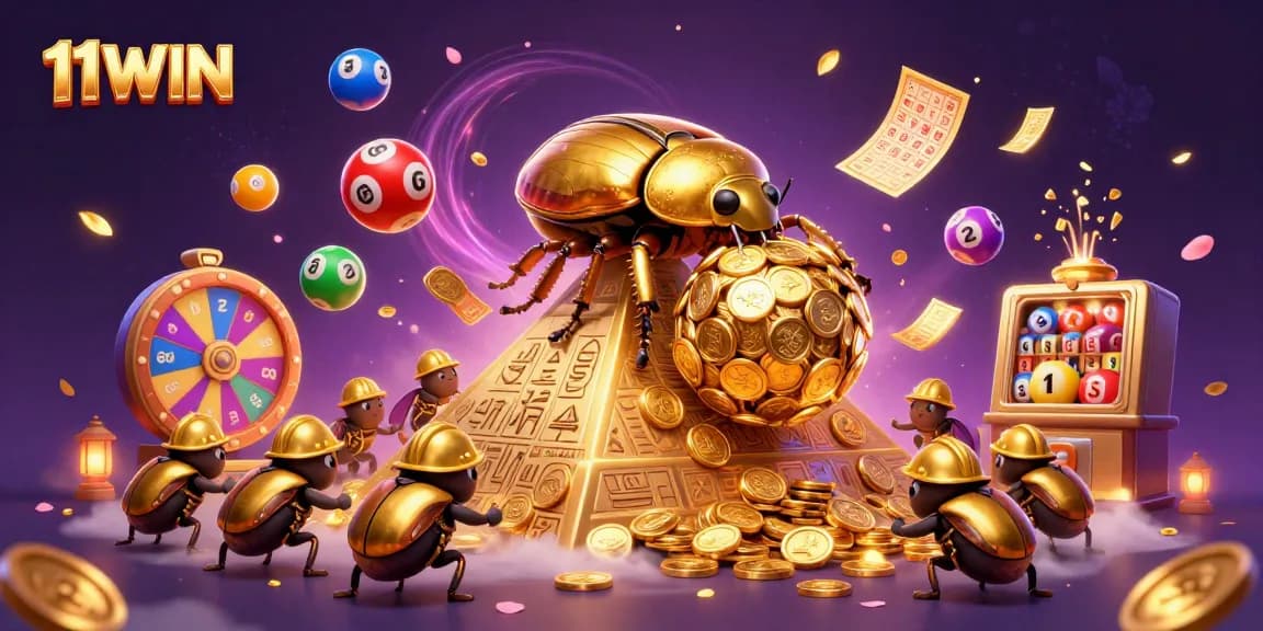 Experience the thrill of 11WIN with a vibrant scene of golden beetles and exciting casino elements.