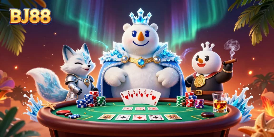 Engage in thrilling poker action with BJ88’s vibrant 3D casino scene featuring a snow fox and ice king.