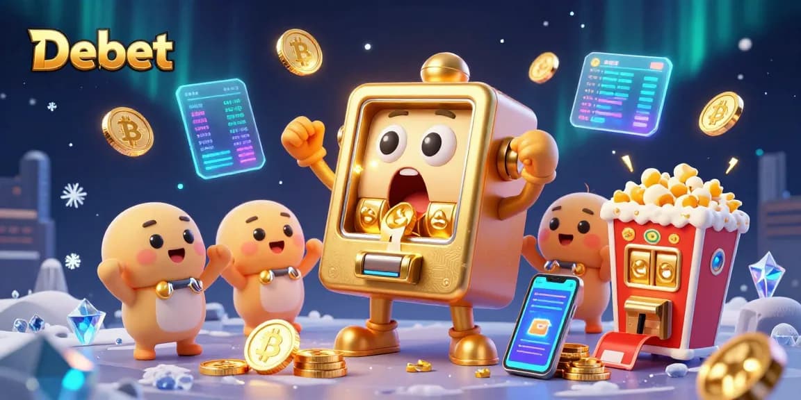 Enjoy big wins at Debet with a lively 3D representation of a golden slot machine celebrating a jackpot.