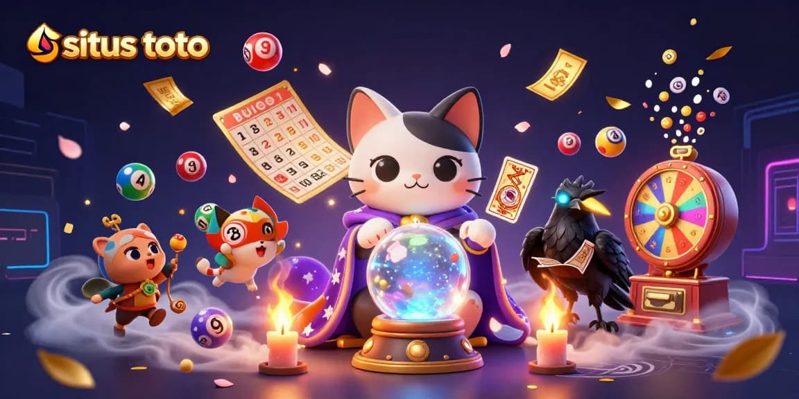 Engage with situs toto as a 3D fortune teller cat reveals lottery secrets amidst vibrant game elements.