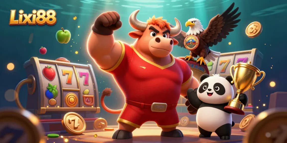 Lixi88 slot game scene featuring a bull mascot celebrating with a panda and eagle, packed with vibrant casino symbols.